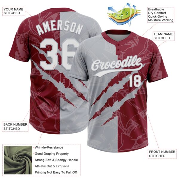Custom Graffiti Pattern White Crimson-Gray 3D Scratch Two-Button Unisex Softball Jersey