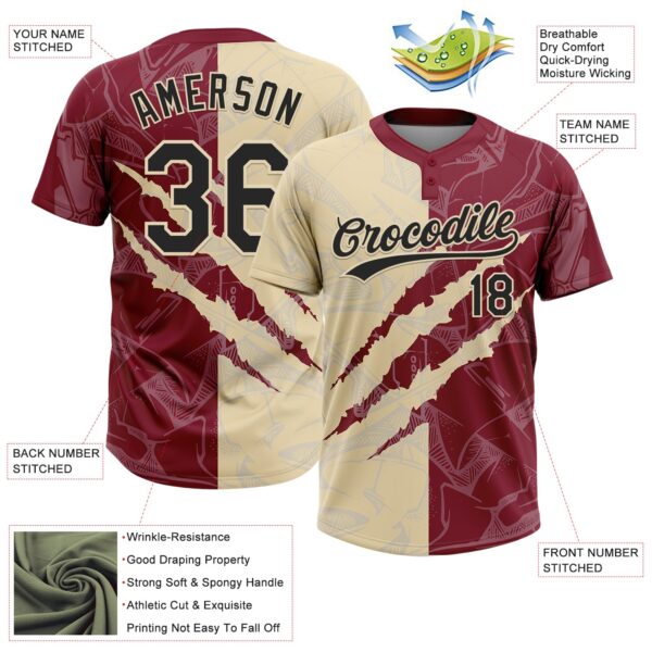 Custom Graffiti Pattern Black Crimson-Cream 3D Scratch Two-Button Unisex Softball Jersey