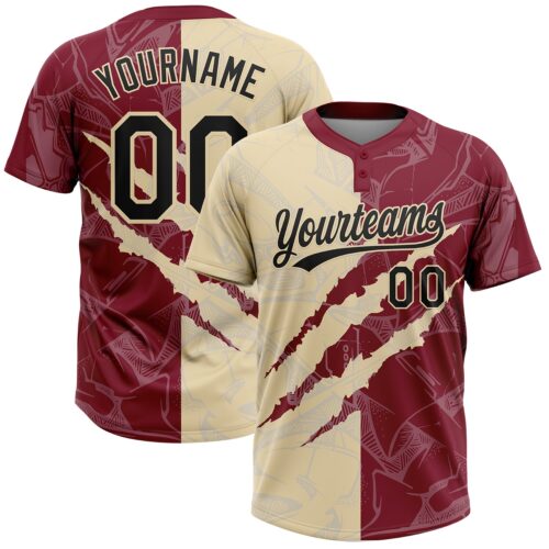 Softball2030 Custom Graffiti Pattern Black Crimson-Cream 3D Scratch Two-Button Unisex Softball Jersey