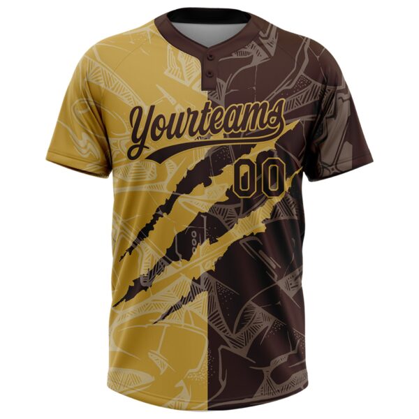 Custom Graffiti Pattern Brown-Old Gold 3D Scratch Two-Button Unisex Softball Jersey