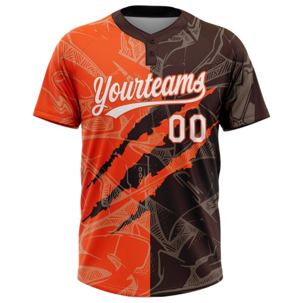 Custom Graffiti Pattern White Brown-Orange 3D Scratch Two-Button Unisex Softball Jersey