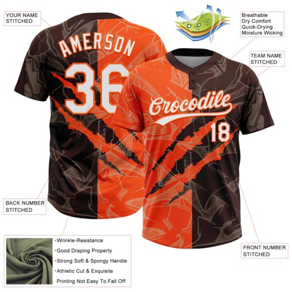 Custom Graffiti Pattern White Brown-Orange 3D Scratch Two-Button Unisex Softball Jersey