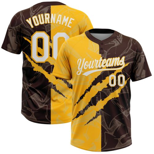 Softball2035 Custom Graffiti Pattern White Brown-Gold 3D Scratch Two-Button Unisex Softball Jersey
