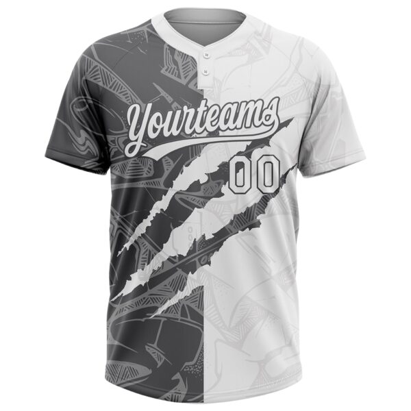 Custom Graffiti Pattern White-Steel Gray 3D Scratch Two-Button Unisex Softball Jersey