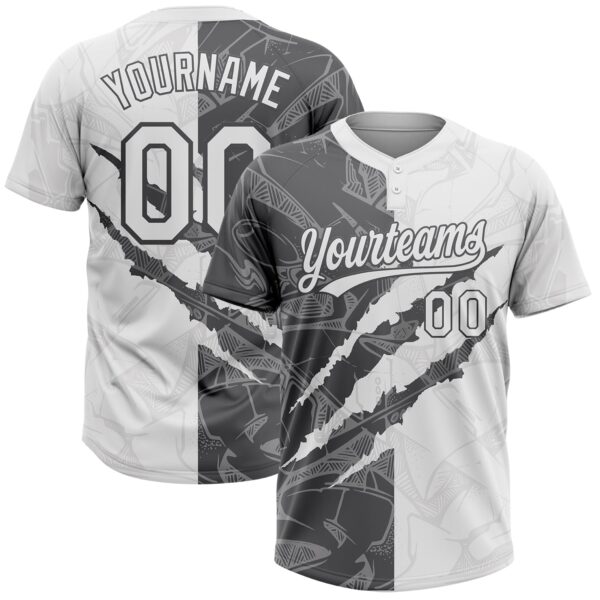 Custom Graffiti Pattern White-Steel Gray 3D Scratch Two-Button Unisex Softball Jersey