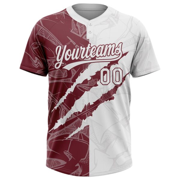 Custom Graffiti Pattern White-Burgundy 3D Scratch Two-Button Unisex Softball Jersey
