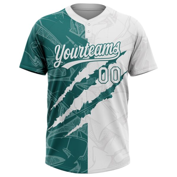 Custom Graffiti Pattern White-Teal 3D Scratch Two-Button Unisex Softball Jersey