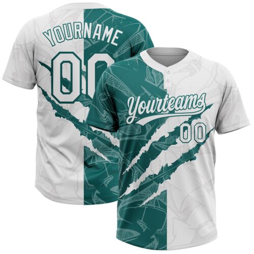 Custom Graffiti Pattern White-Teal 3D Scratch Two-Button Unisex Softball Jersey