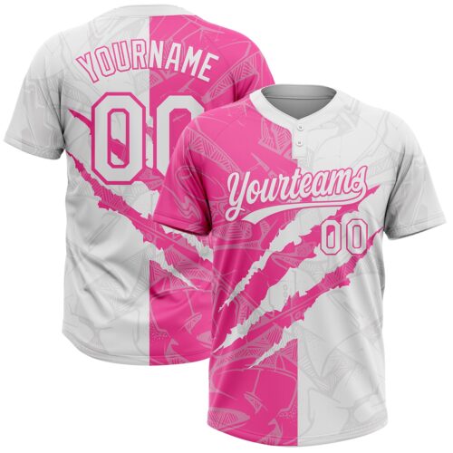 Custom Graffiti Pattern White-Pink 3D Scratch Two-Button Unisex Softball Jersey