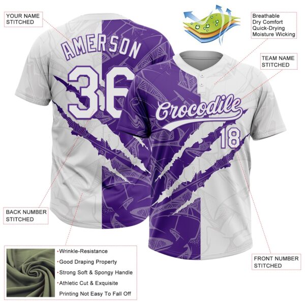 Custom Graffiti Pattern White-Purple 3D Scratch Two-Button Unisex Softball Jersey