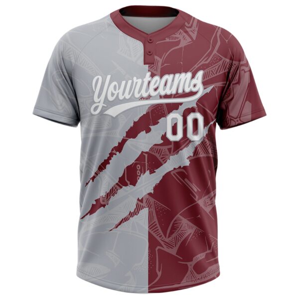 Custom Graffiti Pattern White Burgundy-Gray 3D Scratch Two-Button Unisex Softball Jersey