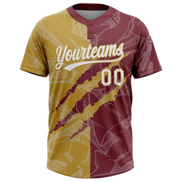 Custom Graffiti Pattern White Burgundy-Old Gold 3D Scratch Two-Button Unisex Softball Jersey