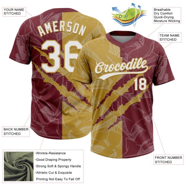 Custom Graffiti Pattern White Burgundy-Old Gold 3D Scratch Two-Button Unisex Softball Jersey