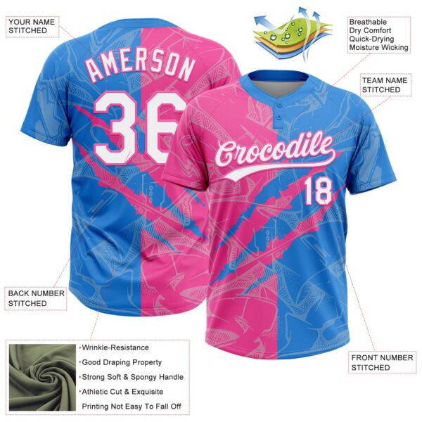 Custom Graffiti Pattern White Electric Blue-Pink 3D Scratch Two-Button Unisex Softball Jersey
