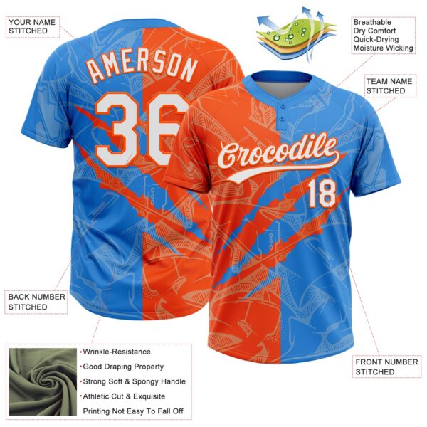 Custom Graffiti Pattern White Electric Blue-Orange 3D Scratch Two-Button Unisex Softball Jersey