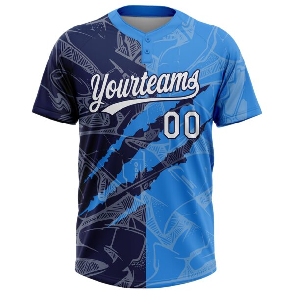 Custom Graffiti Pattern White Electric Blue-Navy 3D Scratch Two-Button Unisex Softball Jersey