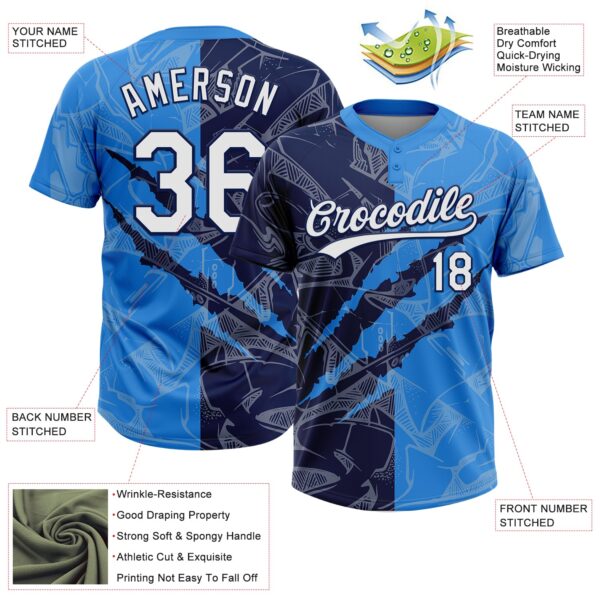 Custom Graffiti Pattern White Electric Blue-Navy 3D Scratch Two-Button Unisex Softball Jersey