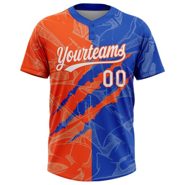 Custom Graffiti Pattern White Thunder Blue-Orange 3D Scratch Two-Button Unisex Softball Jersey