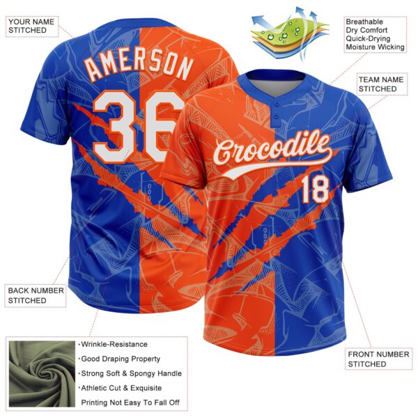 Custom Graffiti Pattern White Thunder Blue-Orange 3D Scratch Two-Button Unisex Softball Jersey