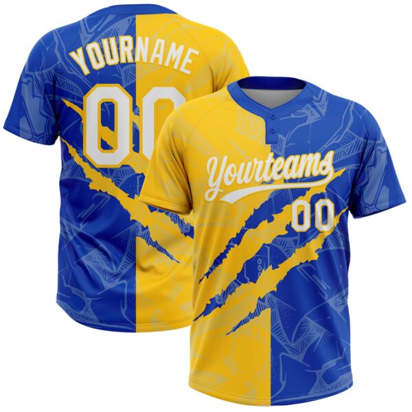 Custom Graffiti Pattern White Thunder Blue-Yellow 3D Scratch Two-Button Unisex Softball Jersey