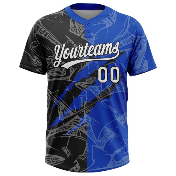 Custom Graffiti Pattern White Thunder Blue-Black 3D Scratch Two-Button Unisex Softball Jersey