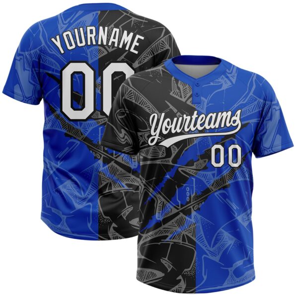 Custom Graffiti Pattern White Thunder Blue-Black 3D Scratch Two-Button Unisex Softball Jersey