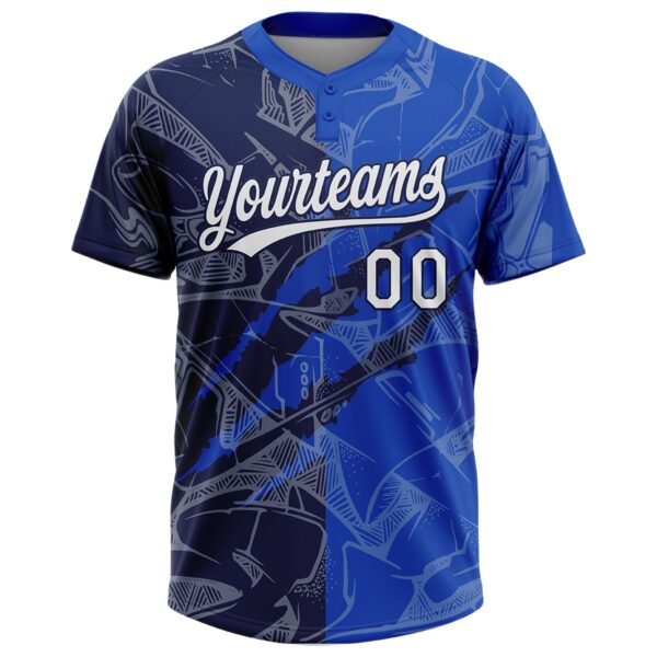 Custom Graffiti Pattern White Thunder Blue-Navy 3D Scratch Two-Button Unisex Softball Jersey