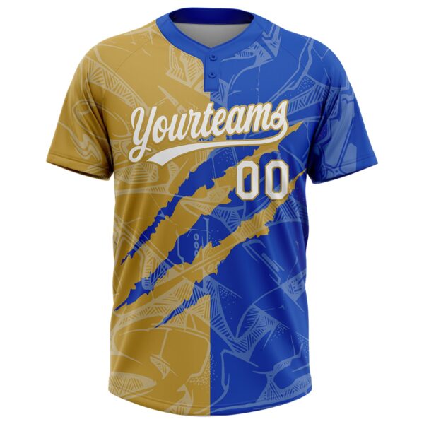 Custom Graffiti Pattern White Thunder Blue-Old Gold 3D Scratch Two-Button Unisex Softball Jersey