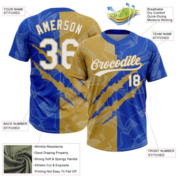 Custom Graffiti Pattern White Thunder Blue-Old Gold 3D Scratch Two-Button Unisex Softball Jersey