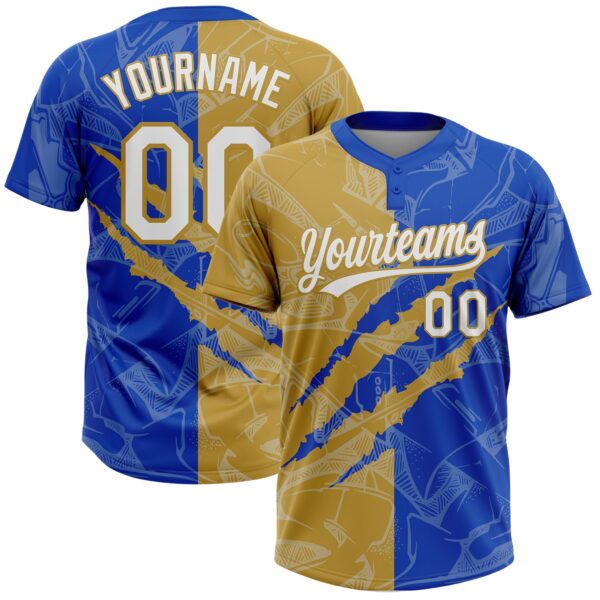 Custom Graffiti Pattern White Thunder Blue-Old Gold 3D Scratch Two-Button Unisex Softball Jersey