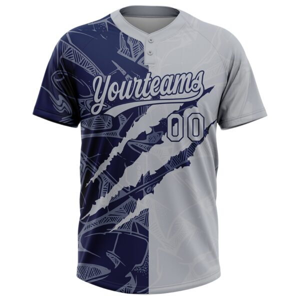Custom Graffiti Pattern Gray-Navy 3D Scratch Two-Button Unisex Softball Jersey