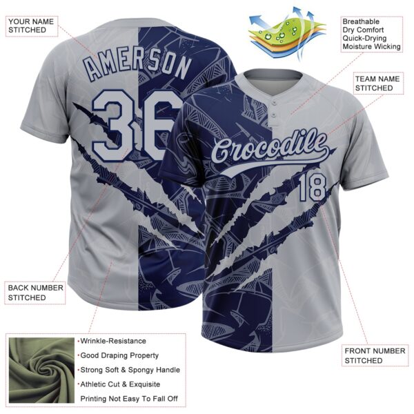 Custom Graffiti Pattern Gray-Navy 3D Scratch Two-Button Unisex Softball Jersey