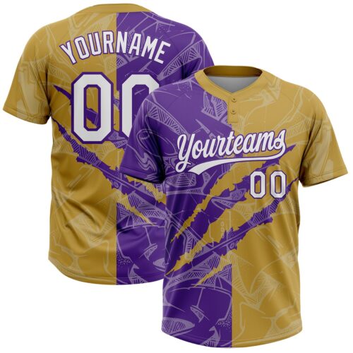 Softball2059 Custom Graffiti Pattern White Old Gold-Purple 3D Scratch Two-Button Unisex Softball Jersey