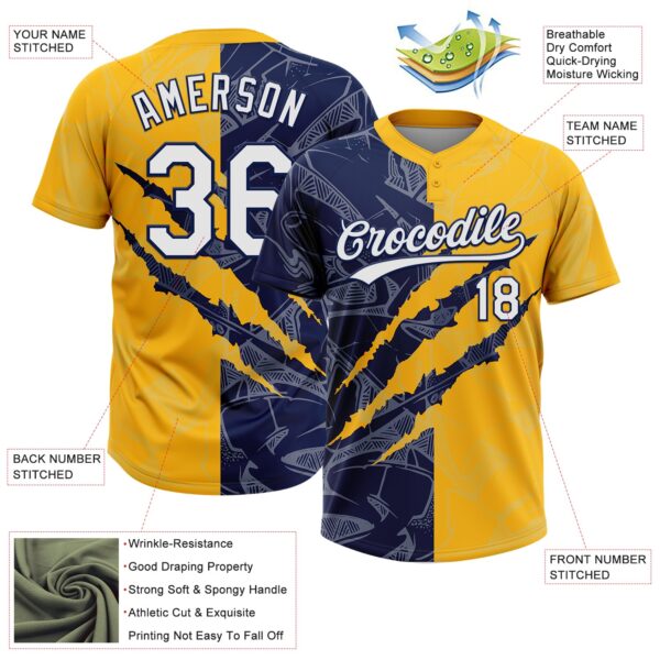 Custom Graffiti Pattern White Gold-Navy 3D Scratch Two-Button Unisex Softball Jersey
