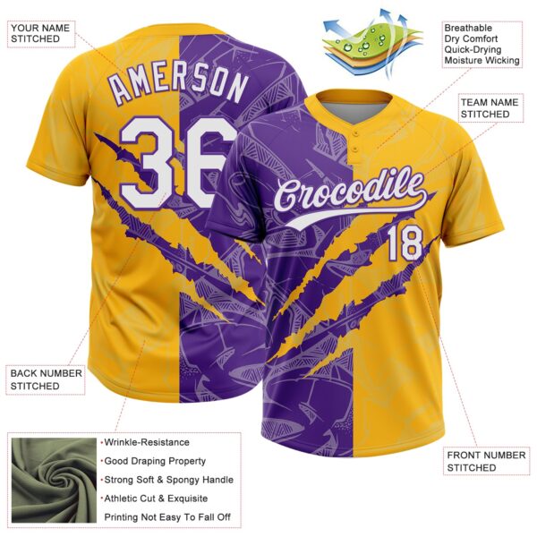 Custom Graffiti Pattern White Gold-Purple 3D Scratch Two-Button Unisex Softball Jersey