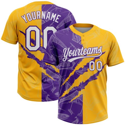 Softball2061 Custom Graffiti Pattern White Gold-Purple 3D Scratch Two-Button Unisex Softball Jersey