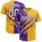 Custom Graffiti Pattern White Gold-Purple 3D Scratch Two-Button Unisex Softball Jersey