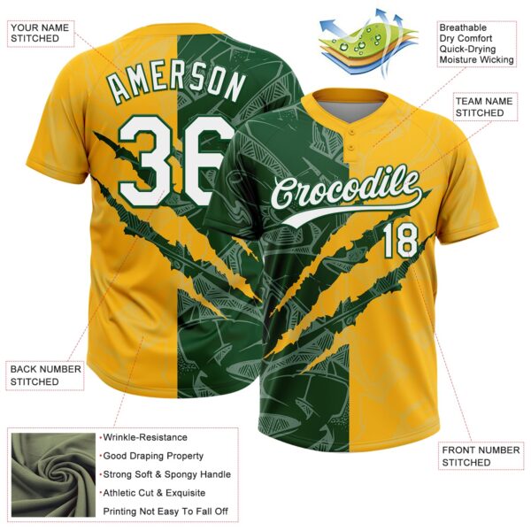 Custom Graffiti Pattern White Gold-Green 3D Scratch Two-Button Unisex Softball Jersey