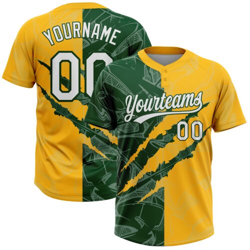 Softball2063 Custom Graffiti Pattern White Gold-Green 3D Scratch Two-Button Unisex Softball Jersey