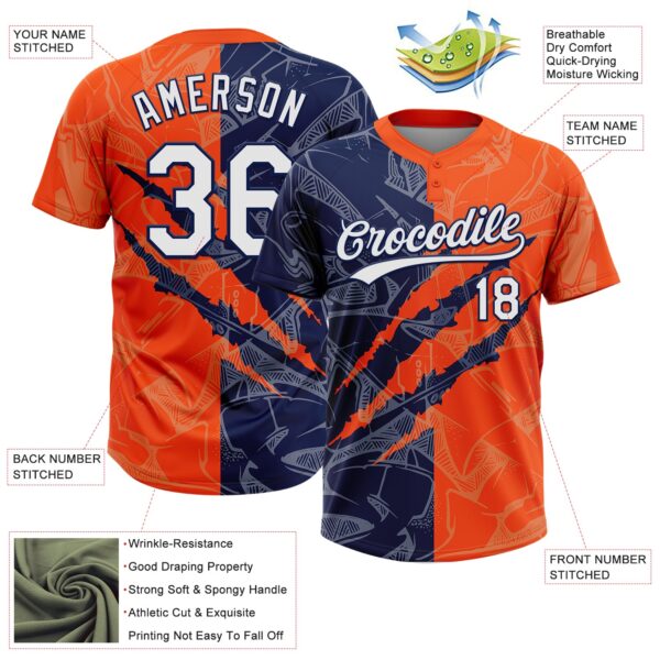 Custom Graffiti Pattern White Orange-Navy 3D Scratch Two-Button Unisex Softball Jersey