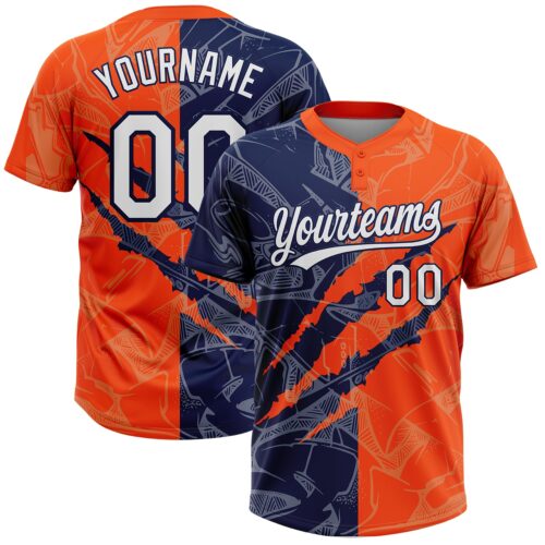 Softball2065 Custom Graffiti Pattern White Orange-Navy 3D Scratch Two-Button Unisex Softball Jersey