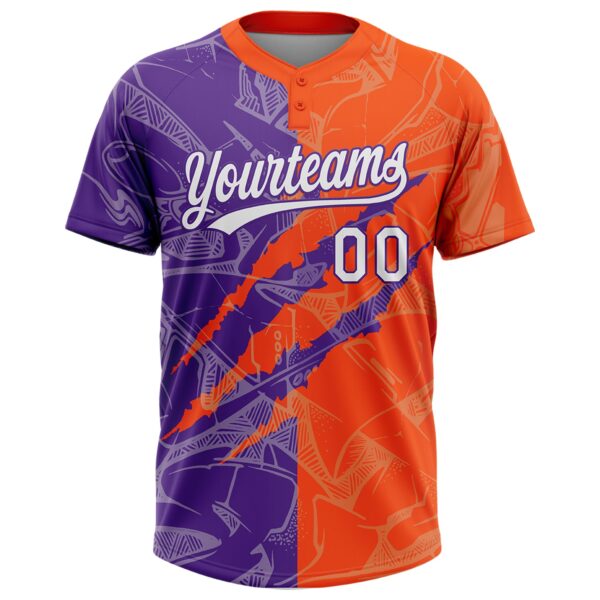 Custom Graffiti Pattern White Orange-Purple 3D Scratch Two-Button Unisex Softball Jersey