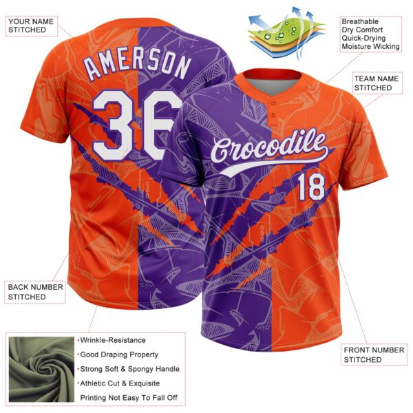 Custom Graffiti Pattern White Orange-Purple 3D Scratch Two-Button Unisex Softball Jersey