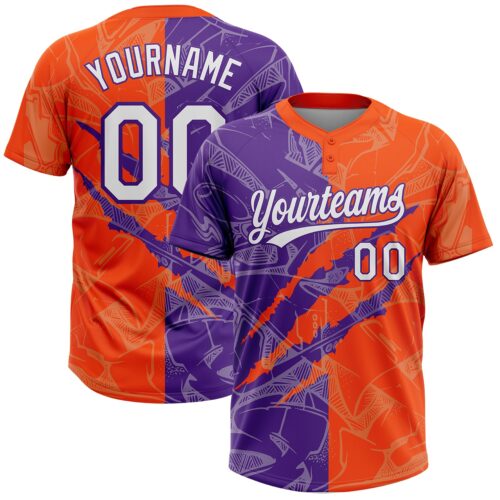 Softball2066 Custom Graffiti Pattern White Orange-Purple 3D Scratch Two-Button Unisex Softball Jersey