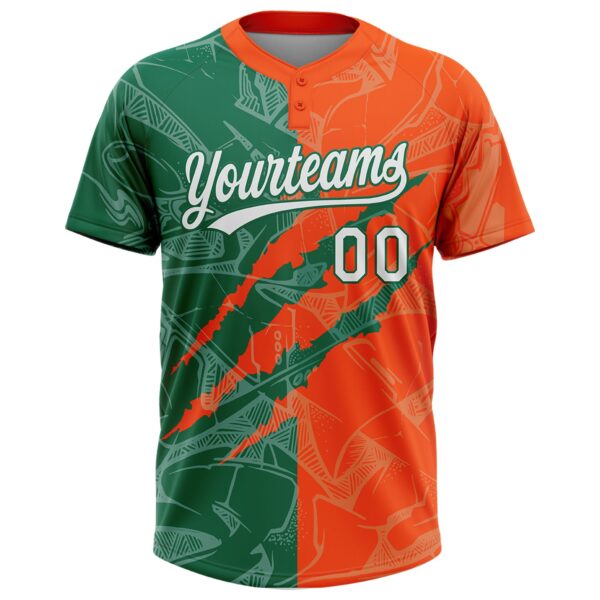 Custom Graffiti Pattern White Orange-Kelly Green 3D Scratch Two-Button Unisex Softball Jersey