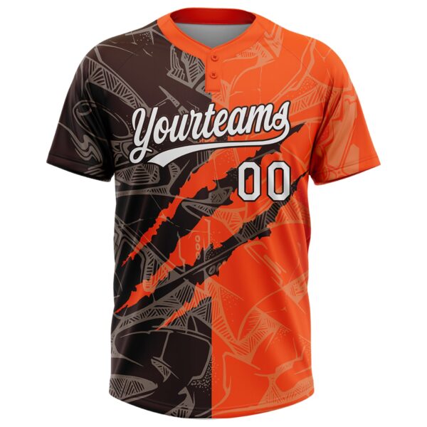 Custom Graffiti Pattern White Orange-Brown 3D Scratch Two-Button Unisex Softball Jersey