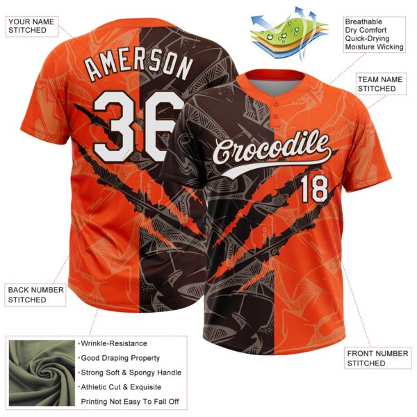 Custom Graffiti Pattern White Orange-Brown 3D Scratch Two-Button Unisex Softball Jersey
