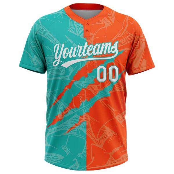 Custom Graffiti Pattern White Orange-Aqua 3D Scratch Two-Button Unisex Softball Jersey