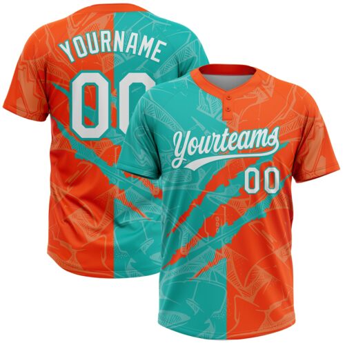 Softball2070 Custom Graffiti Pattern White Orange-Aqua 3D Scratch Two-Button Unisex Softball Jersey