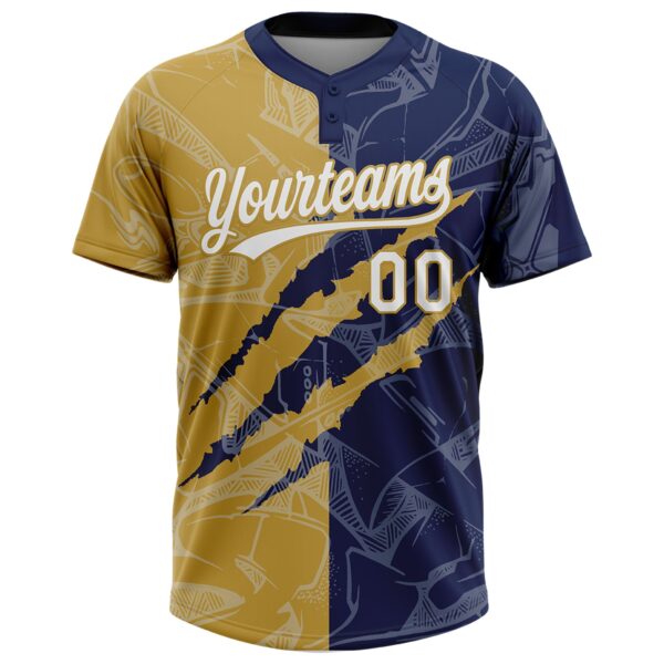 Custom Graffiti Pattern White Navy-Old Gold 3D Scratch Two-Button Unisex Softball Jersey